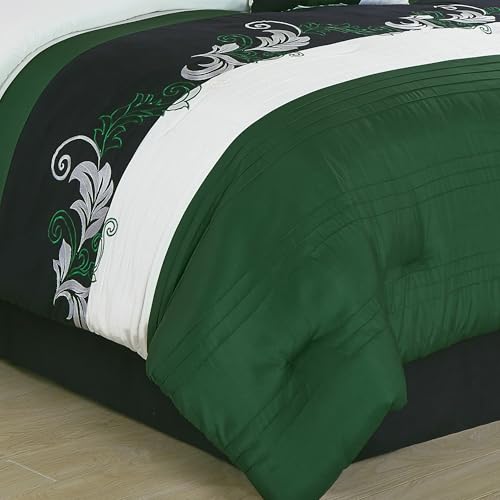 Chezmoi Collection Napa 7-Piece Luxury Leaves Scroll Embroidery Bedding Comforter Set (California King, Green/Black/Cream)