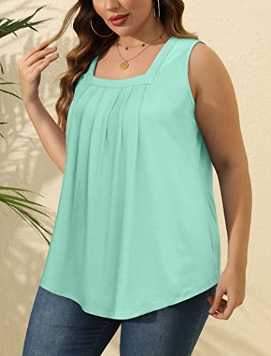 Image of Saloogoe Summer Tank Tops for Women Loose Fit Pleated Square Neck Sleeveless Tops Curved Hem Flowy