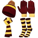 Chicingyou 4 Pcs Stripe Scarf Hat Gloves Socks Winter Warm Cosplay Outfit for Women Halloween Christmas Costume Accessories(Red, Yellow)
