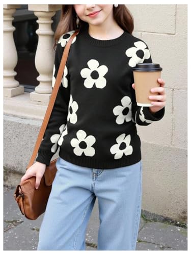 Image of BEAUDRM Girl's Cute Bow Sweater Crew Neck Long Sleeve Drop Shoulder Loose Pullover Tops