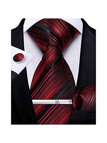 Image of DiBanGu Mens Striped Tie Silk Woven Necktie and Pocket Square Cufflinks Tie Clip Set Wedding Business Formal Gift Tie for Men