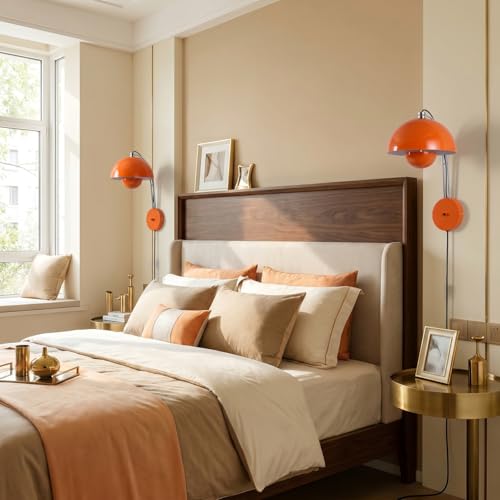 Image of Mid-Century Modern Bud Plug in Wall Sconces for Bedroom, Pastel Orange | Indirect lighting reading wall lamp, all-metal construction, plug-in or hardwired install, fits bedroom bedside, living room