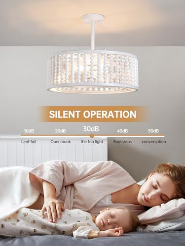 Image of Ceiling Fans with Lights and Remote - Bulbs Included, Caged Fandelier with Handcrafted Beaded Decor 19 inches Reversible Flat and Angled Ceiling Installation, White