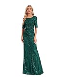 DESIGN: Stunning dark green mermaid-style evening gown featuring intricate sequin patterns and an elegant floor-length silhouette SLEEVES: Half-length sleeves with mesh detail provide sophisticated coverage while maintaining a glamorous appearance NE...