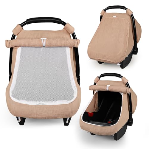 Image of DILIMI Car Seat Covers for Babies, Muslin Cotton Baby Car Seat Cover with Breathable Mesh Window, Summer Infant Car Seat Canopy for Boys Girls Newborn, Gray Taupe