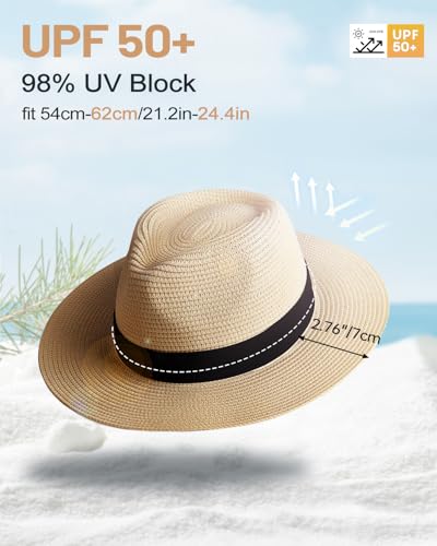 Image of Zylioo XXL Oversize Straw Sun Hat for Big Heads, Wide Brim UV Protection Panama Beach Hat, Summer Fedora with Lanyard