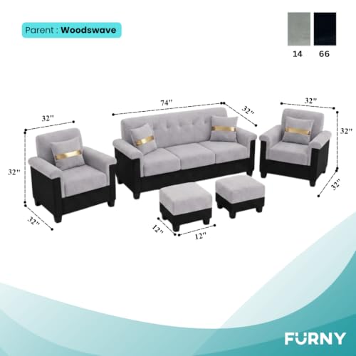 Image of FURNY Woodswave 5 Seater 3+1+1+2 Puffy Sofa Set for Living Room in Premium Velvet Finish (Light Grey-Black) | Durable & Comfortable | Ideal for Living Room