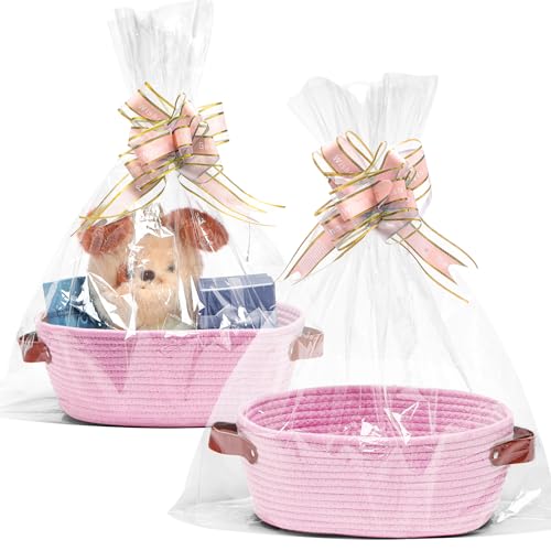 Image of CHEPULA 2 Pack Woven Basket with Gift Bags and Ribbons, Gift Basket Empty for Organizer Baby Shower, Holiday Presents, Wedding, Storage Basket for Nursery (Pink)