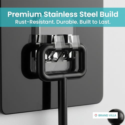 Image of BRAND VILLA Black Adhesive Wall Hooks Pack of 10 - Heavy Duty No Drill Sticky Hooks for Bathroom, Kitchen & Door - Waterproof Stainless Steel Towel & Coat Holder - Strong Self Adhesive Hooks