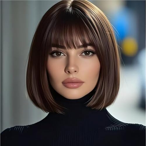 XIEANDKONG Short Bob Wig,Straight Bob Wig with bangs, 12 inch Straight Bob Bangs Wig,Short Synthetic Fiber Bob Wigs for Women Natural Looking for Daily Use (Dark brown)