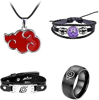 I3C Anime Ninja Accessories Set Uchiha Itachi Red Cloud Necklace Ajustable Sharingan Bracelet Kohnoha ring 4PCS Set