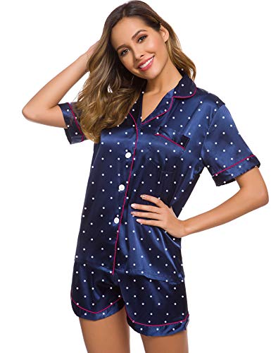 Image of SWOMOG Womens Silk Satin Pajamas Set Short Sleeve Sleepwear Button Down Top and Shorts Loungewear 2 Piece Pjs Set XS-3XL