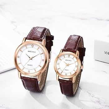 JewelryWe Paar horloges analoog kwarts partner vriendschap polshorloge klassieke eenvoudige leren armband koppels horloge voor heren dames zwart/bruin, Set van 4 bruine horloges, Riemen