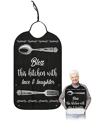 LEOKOTI Vintage Fork and Spoon Adult Bibs for Eating, Waterproof Bibs with Food Catcher & Adjustable Snap Closure, Motto Bless The Kitchen with Lace Laughter Black Wood Clothing Protectors Adult Bibs