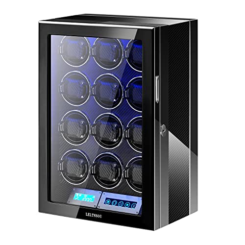 LELTNSOU Watch Winder for 6/12 Winding Spaces Automatic Watches, Ultra-Quiet Japanese Motors, Built-in LED Illumination and LCD Touchscreen Control (Carbon 12 Watches)