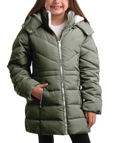 DKNY Girls Winter Jacket - Heavyweight Long Anorak Puffer Jacket with Hood - Sherpa Lined Insulated Winter Coat for Girls, Size 10-12, SAGE GREEN