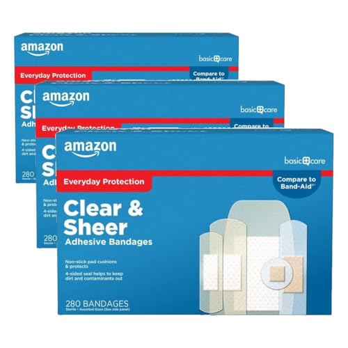 Amazon Basic Care Sheer and Clear Adhesive Bandages Family Variety Pack, First Aid and Wound Care Supplies, Assorted Sizes, 280 Count (Pack of 3)