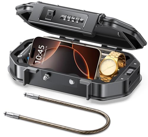 Vewaci Portable Travel Safe Lock Box Waterproof & Durable, 4-Digit Combination Anti-Theft Personal Beach Safe with Removable Steel Cable, Small Security Case Lock Box for Beach/Travel/Hotel/Dorm