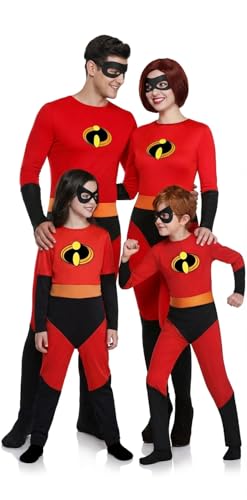 Dalegria Disfarce incríveis de uma super família unissexo, vermelho e preto, inclui macacão e face (7-9 anos)