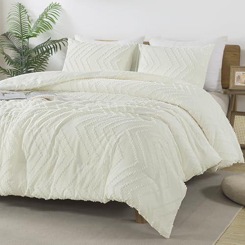 Image of Andency Ivory Oversized Super King Comforter Set, Boho Soft Warm Tufted Neutral Bedding Comforter Sets, 3 Pieces Aesthetic Chevron Farmhouse Cute Bohemian Textured Bedding Set
