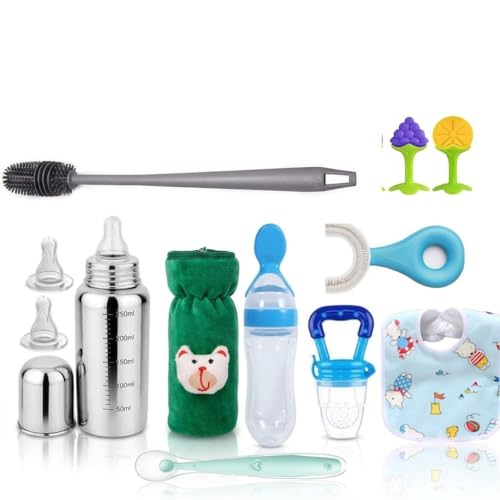 Image of Y.GOYAL&CO. Stainless Steel Baby Feeding Bottle 250ml with Silicone Nipples and Cleaning Brush, BPA Free, Anti Colic Valve, Wide Neck for Newborns Babies, Infants, and Toddlers (PK-10-GRN)