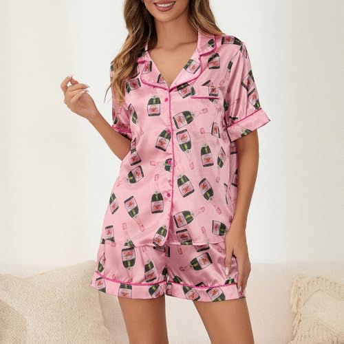 Juakoso Women Champagne Bottle Pajamas Sets Wine Can Print Pjs Sets Silk Satin 2 Piece Sets Short Sleeve Shirts Shorts Sets3