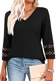 3/4 Length Sleeve Womens Tops Dressy Casual Blouses for Women Trendy Summer V Neck T Shirts Work Business Casual Outfits Fashion Clothing Beach Vacation Black M