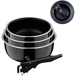 Sartenes Black Edition BERGNER Click&Cook Black Edition | Juego de 3 Cazos de Cocina de 16, 18 y 20 cm + Mango Ergonómico Extraíble| Aluminio Prensado y Antiadherente | Todo Tipo de Cocinas y Horno