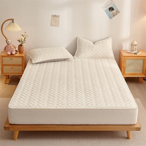 Protector De Colchón Suave Y Acogedor Todo Incluido, Sábana Bajera Ajustable De Fácil Cuidado con Cintas Elásticas De Ajuste, Protector De Colchón Lavable De Peluche.-White||150x200cm