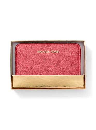 Image of Michael Kors Jet Set Small Zip Around Card Case, Gold-Tone Hardware /MK Embossed Glitter /Crimson