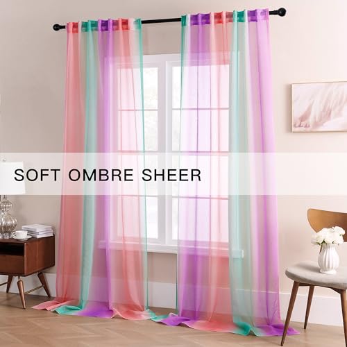 Image of XiDi Purple Green and Pink Sheer Curtains for Girls Bedroom Room Decor,2 Panels Rod Pocket Drapes Ombre Window Pastel Curtains for Decoration Party 84 Inch Length