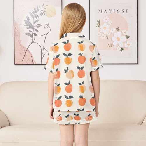 Peach Watercolor Pattern Summer Satin Pajama Set, Cute Button-Down Sleepwear Pj Set for Sleep Wears4