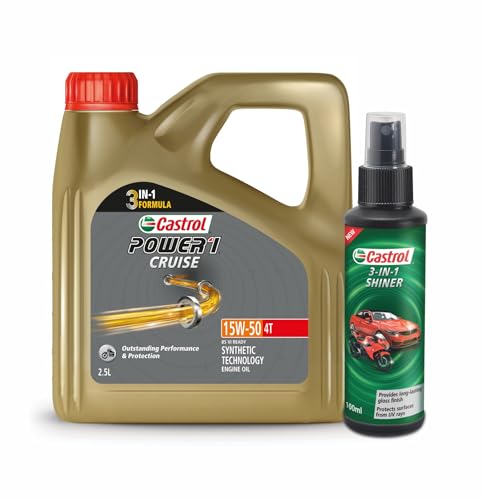 Image of Castrol POWER1 CRUISE 15W-50 4T Synthetic Engine Oil for Bikes 2.5L + Castrol 3-in-1 Shiner for Bikes and Cars (100ML) | Provides Long-Lasting Gloss Finish | Protects Surfaces from UV Rays