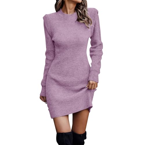 KBOPLEMQ Robe en tricot pour femme - Col rond - Robe midi - Couleur unie - Robe longue en laine - Robe pull chaude - Pull long - Robe d'hiver mini, O violet, M