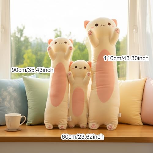 Image of Long Cat Plush Toy - Ultra Soft Cat Plush Pillow Stuffed Animal for Kids & Adults, Kawaii Kitty Body Pillow, Cute Plushie Gift for Kids Girlfriend (Cream, Round Eyes, 90cm /35.43inch)