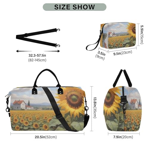 Large Travel Duffel Bag, Sunflower Waterfolor Sports Tote Gym Bag, Shoulder Weekender Overnight Bag for Women Men, Carry On Luggage with Toiletry Bags3