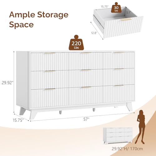 Image of VINGLI 9 Drawer Dresser White Fluted Dresser for Bedroom with Rounded Edges, 57 inch Long Wood Dressers White and Gold, 57 inch W*15.75 inch D*29.92 inch H