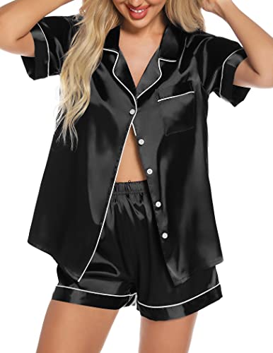 Pjmlifecoco Womens Silk Satin Pajamas Set Short Sleeve Loungewear Two-Piece Sleepwear Button-Down Pj Set with Pockets S-XXL
