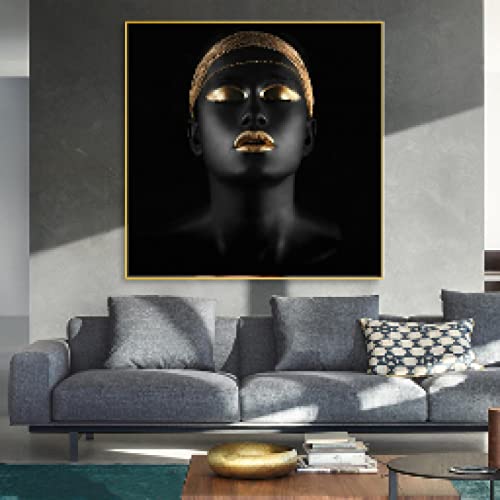Peinture toile femme africaine coiffe dorée 80x80cm portrait moderne sans cadre