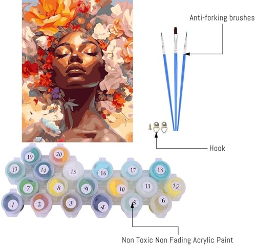 Image of Clendo DIY African Woman Paint by Numbers for Adults Canvas, Flowers and Girl Paint by Number Kits on Canvas - Oil Painting Kits Arts and Crafts for Home Decor 16x20 inch(Without Frame)