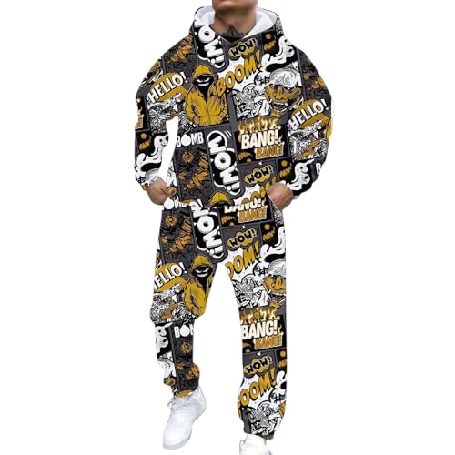 Survêtement homme à capuche imprimé complet jaune M pour un style streetwear décontracté