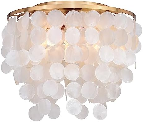 VAXCEL Elsa 16-in W Gold Brass Modern Coastal Glam Flush Mount Ceiling Light Fixture with Capiz Shells