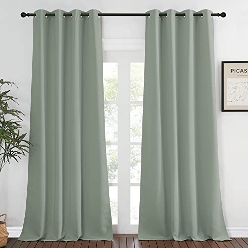 NICETOWN Sage Green Blackout Curtains for Bedroom - Grommet Thermal Insulated Family Home Window Treatments Solid Room Darkening Privacy Drape for Liv