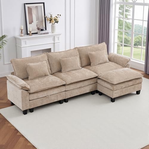 Image of IPKIG 117 inch Modular Cloud Couch with Storage, L Shaped Sectional Sofa with Ottoman & Pillow, Chenille Deep Seat Sectional Couches for Living Room, Apartment, Khaki