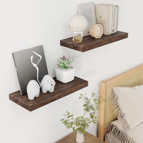 Image of Floating Shelves for Wall, 18in Rustic Solid Elm Wood Shelves, Walnut, 2PCs