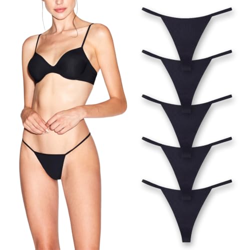 BARE SKIN ESSENTIALS Women’s Small 5-Pack Seamless G-String Thongs with 100% Cotton Gusset – No-Show Invisible Underwear in Black | Lightweight Panty Lingerie for All-Day Comfort
