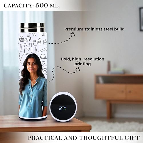 Image of Savri Personalized Stainless Steel White Water Bottle with Your Photo /Wishes /Logo Printed Best for School Going Kids /Return Gift /Christmas /New Year /Festival Gift Item | 500ml (Her)