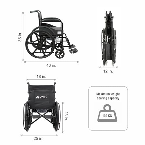Image of VMS Careline Deluxe Foldable Commode Wheelchair | Built-In Commode | Mag & Castor Wheels | PVC Seat | Easy to Clean | Smooth Maneuverability