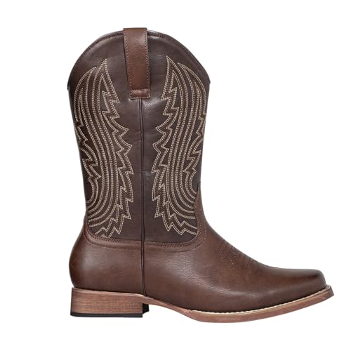 J's.o.l.e Mens Cowboy Boots Square Toe Western Retro Distressed Embroidered Slip On Wide Calf Riding Country Work Boot Brown3