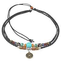 Ancient Tribe Boho Doppelband Choker Halskette mit Münzanhänger & Türkisperle, Schwarzes Leder- und Hanfband, 38 cm
